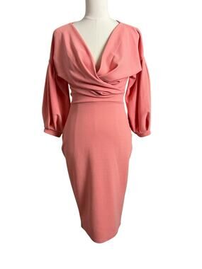 Boohoo NIGHT Bodycon Midi Dress Womens 8 Pink Plunge Belted Balloon Sleeve Party